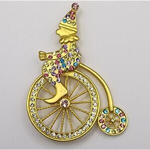 Clown on Unicycle Brooch Colorful Rhinestone on Brushed Gold Tone Metal Circus